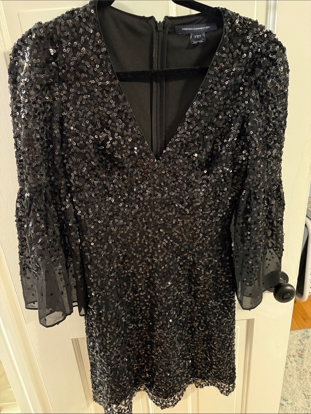French Connection Black Sequin V-Neck Mini Dress with Sheer Sleeves